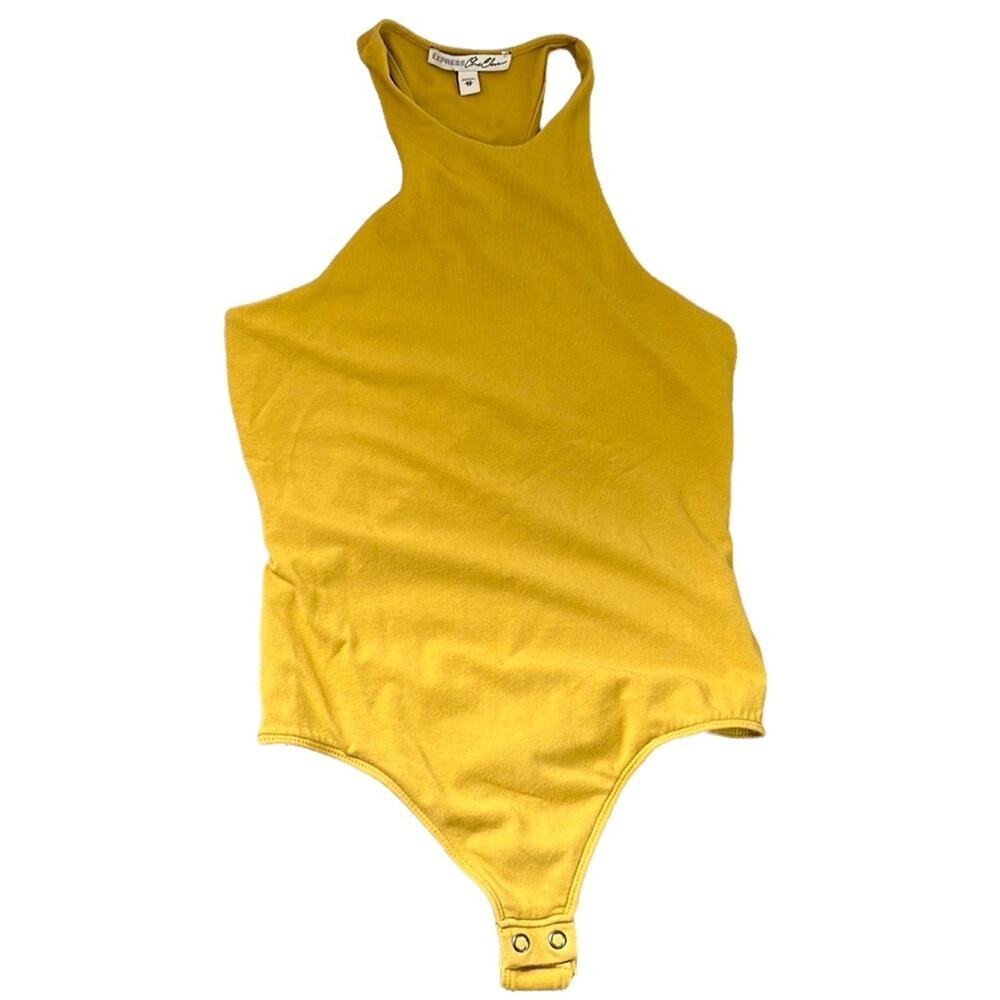 Express Mustard High Neck Racerback Thong Bodysuit